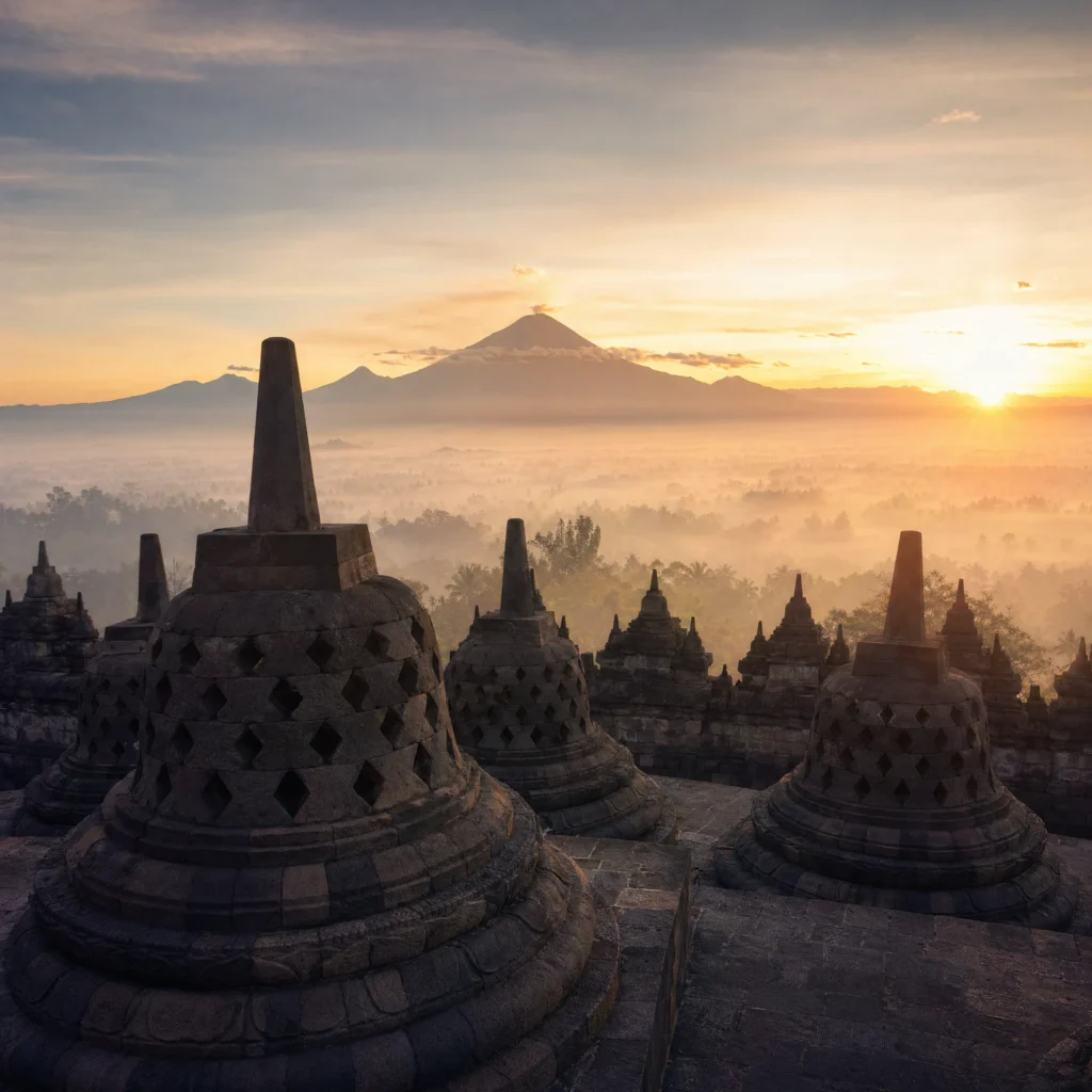 Borobudur Buddhist temple stupas at sunrise with mist over the jungle, Indonesia