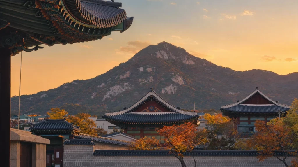 Gyeongbokgung Palace gates and pavilions in central Seoul, South Korea
