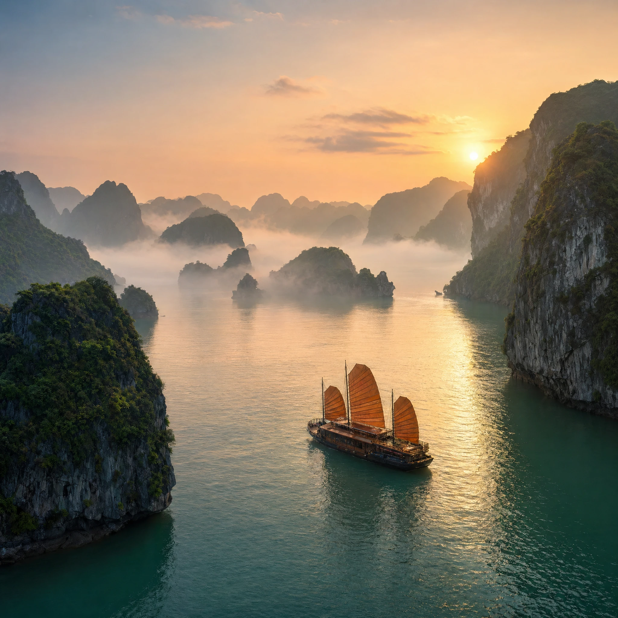 Halong Bay limestone karst islands rising from emerald water, Vietnam