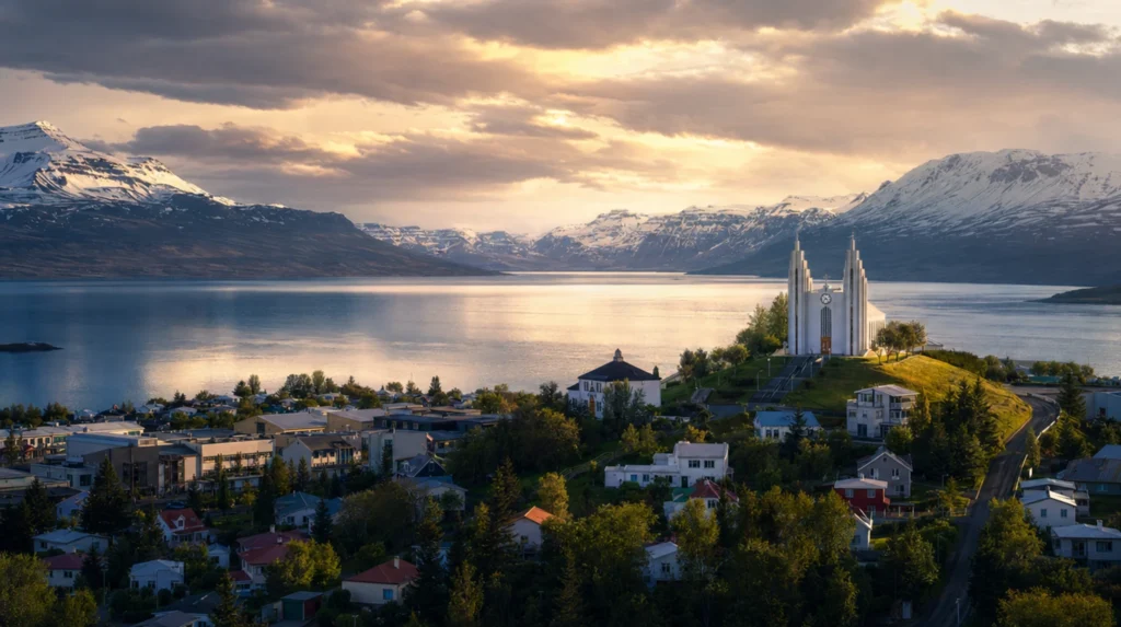 Akureyri waterfront and Eyjafjordur fjord with snow-dusted mountains across the water, Iceland