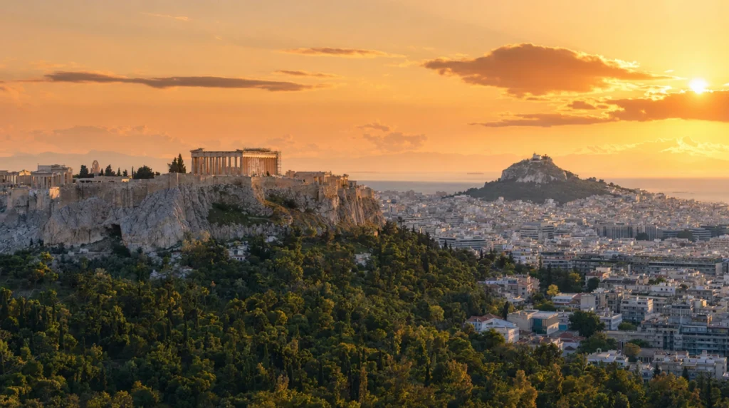 The Acropolis and Parthenon on their limestone hill above central Athens, Greece