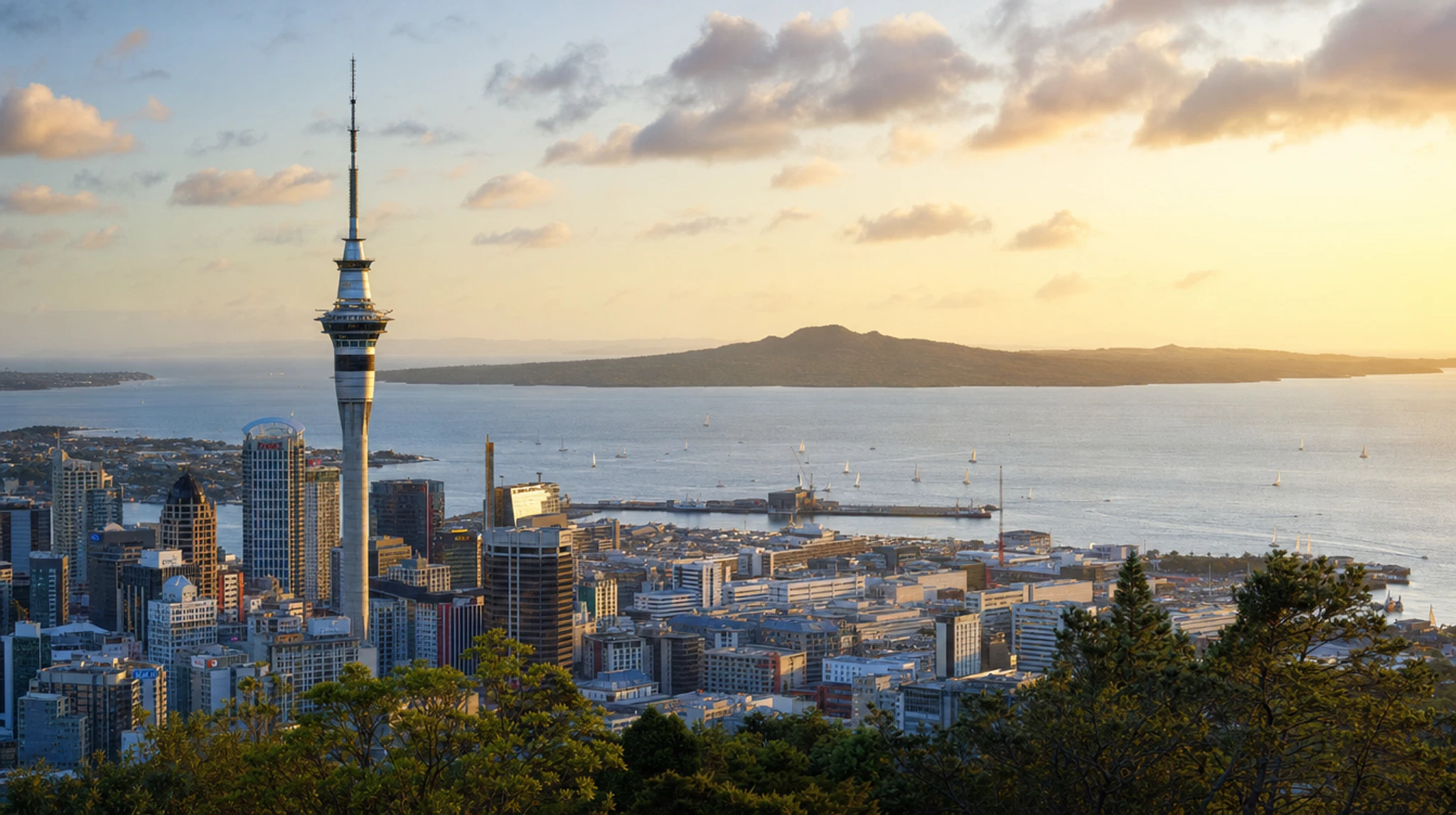 Auckland harbour with yachts in Viaduct Basin and the Sky Tower rising behind Commercial Bay