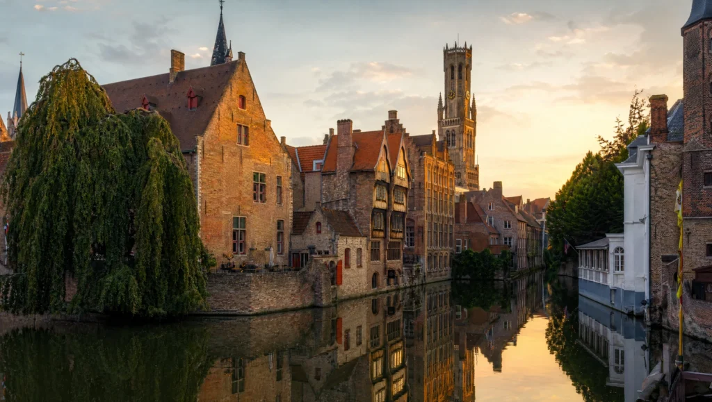 Bruges medieval canal and stepped-gable buildings in the historic centre, Belgium
