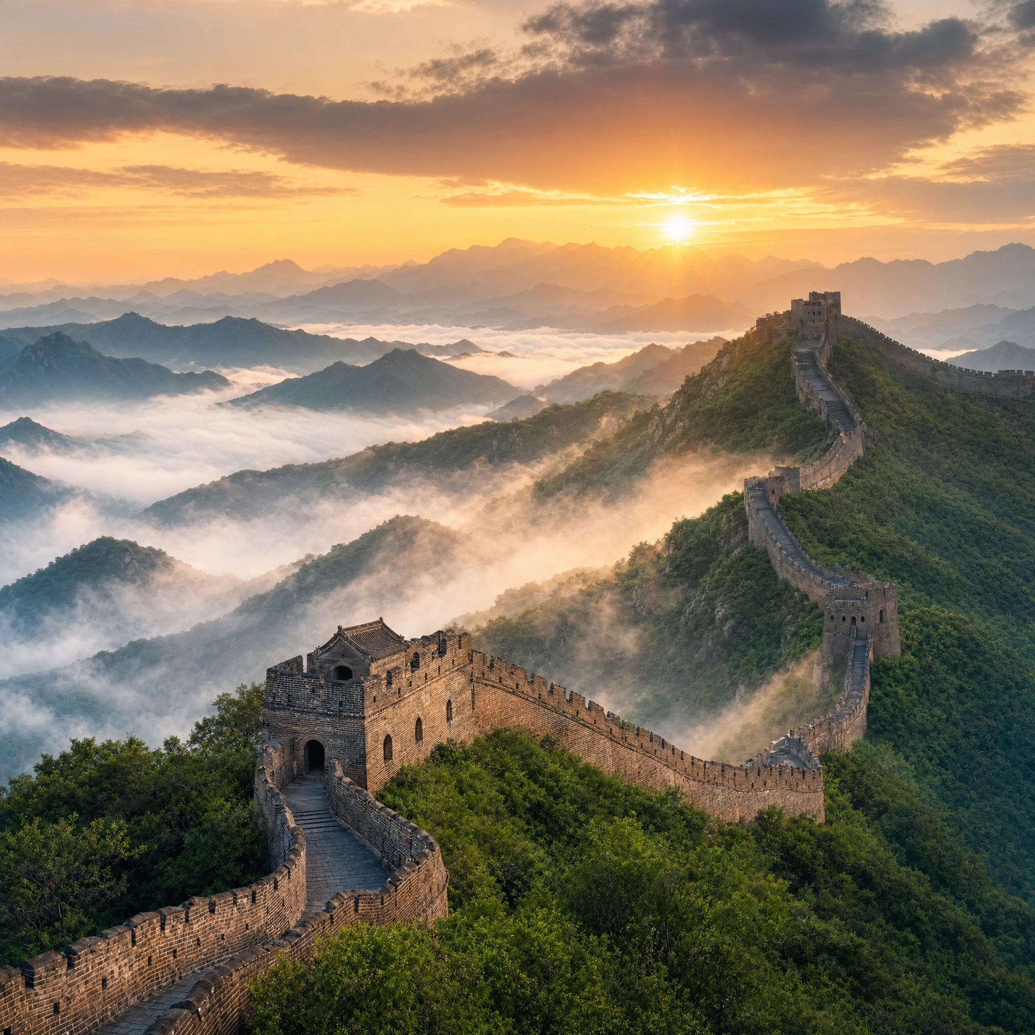 Great Wall of China snaking along ridgelines through forested mountains, China