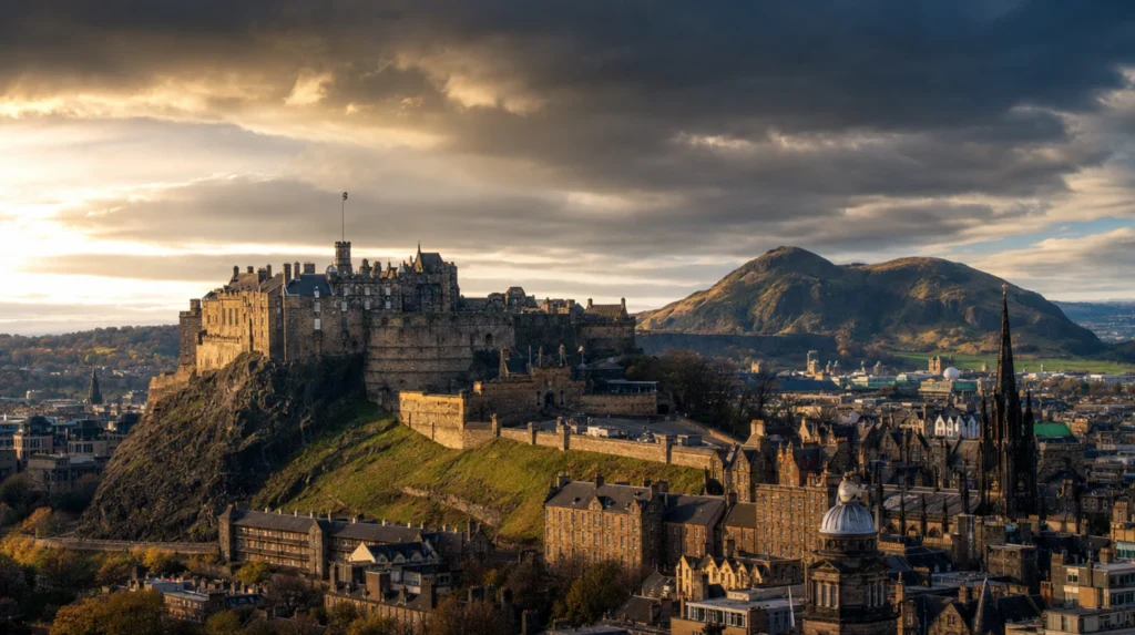 Edinburgh Castle on the volcanic crag above the Old Town skyline, Scotland