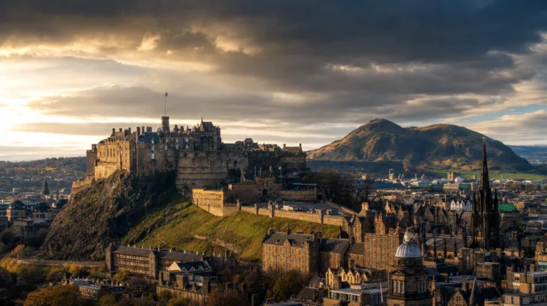 Edinburgh Castle on the volcanic crag above the Old Town skyline, Scotland