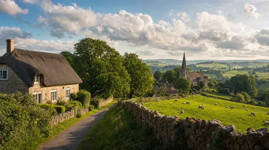Cotswolds rolling hills with honey-coloured stone cottages and hedgerows, England