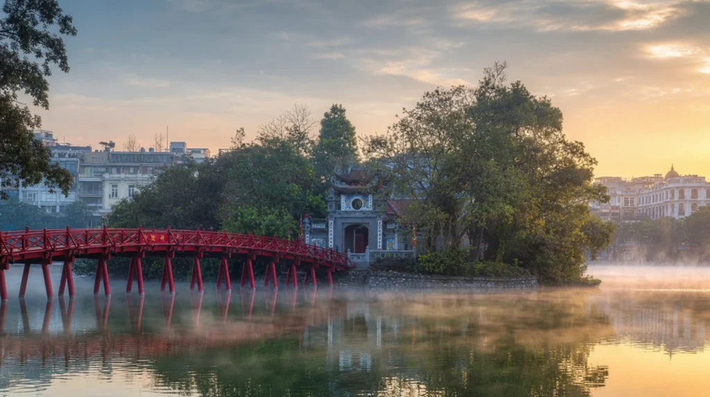 Hoan Kiem Lake and the red Huc Bridge in the heart of Hanoi, Vietnam