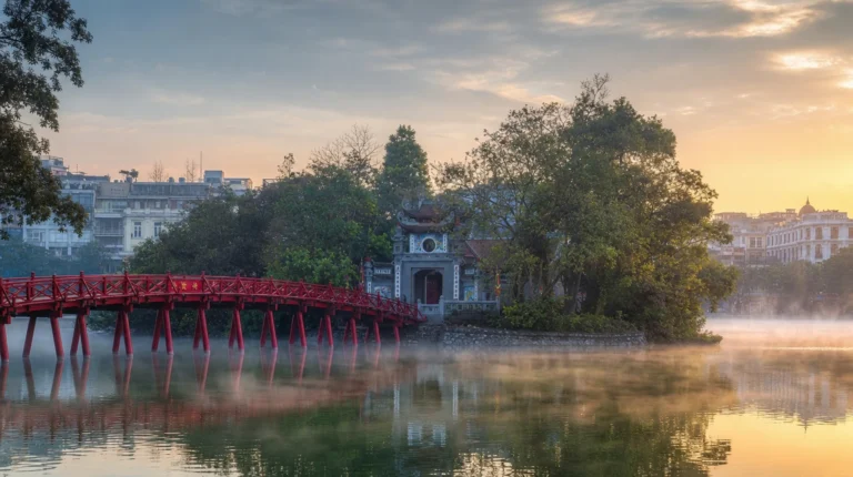 Hoan Kiem Lake and the red Huc Bridge in the heart of Hanoi, Vietnam