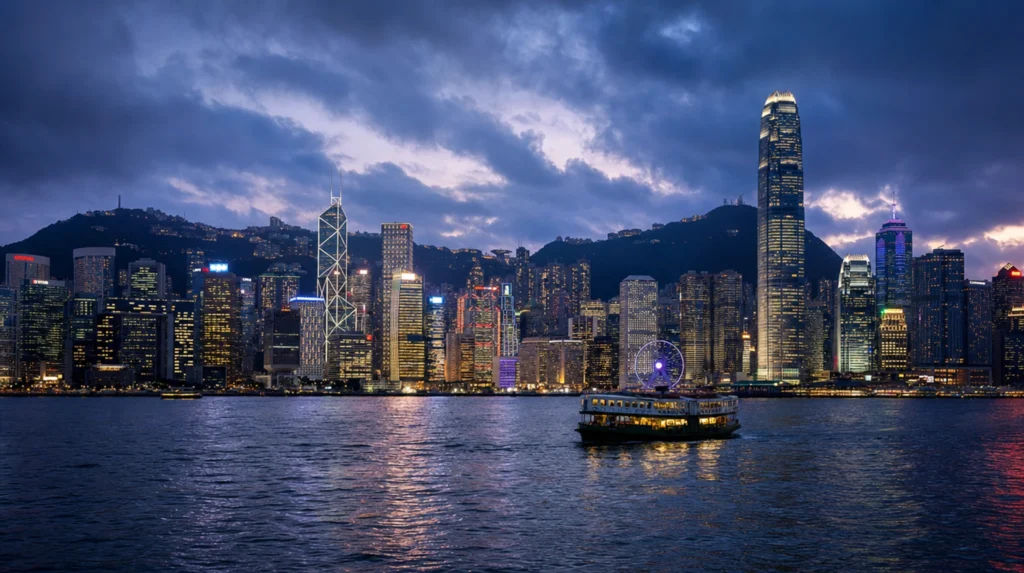 Victoria Harbour skyline with Hong Kong Island skyscrapers and the Star Ferry crossing