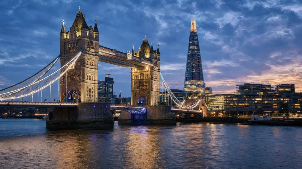 Tower Bridge over the River Thames with the City of London skyline behind, England