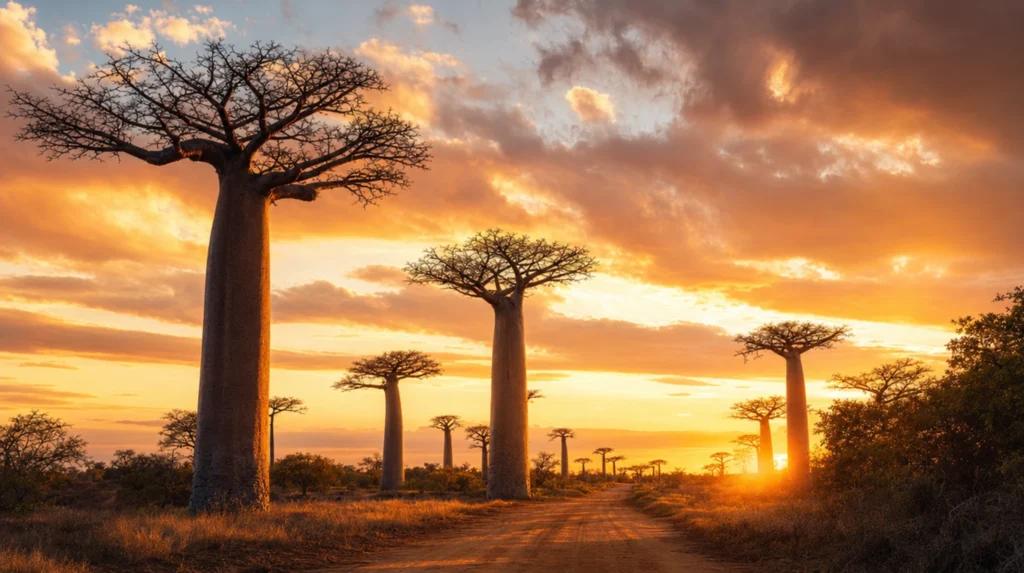 Avenue of the Baobabs ancient trees lining a dirt road at sunset, Madagascar