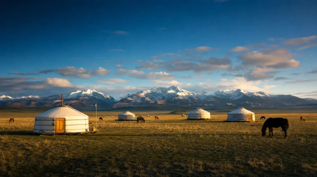 Open Mongolian steppe with grasslands stretching to distant hills under a vast sky, Mongolia
