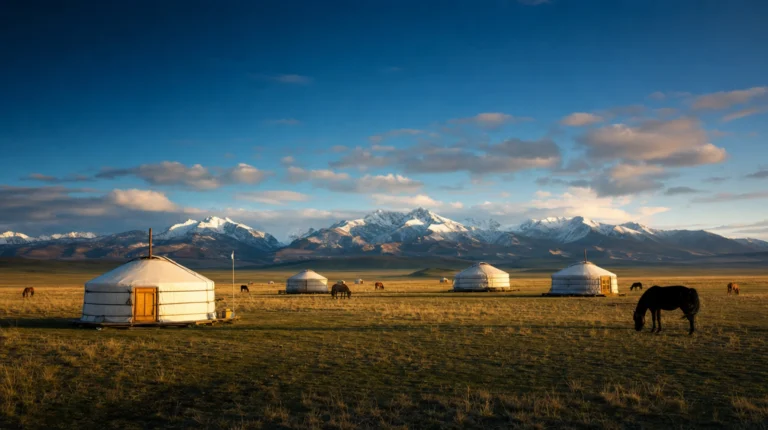 Open Mongolian steppe with grasslands stretching to distant hills under a vast sky, Mongolia