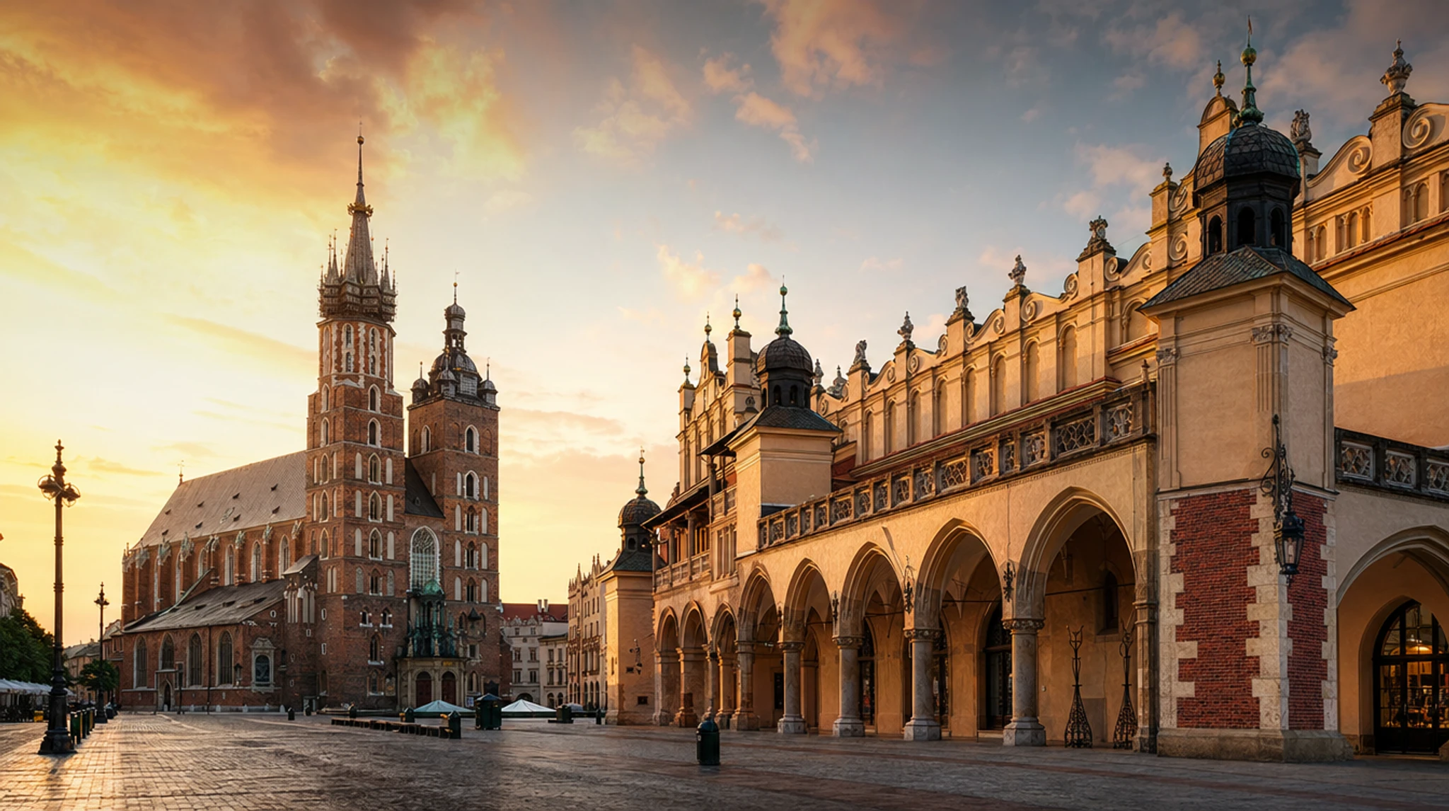 Krakow Main Market Square with the Cloth Hall and St Mary's Basilica, Poland