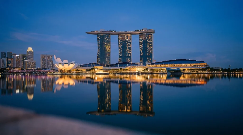 Marina Bay skyline with the Sands hotel and Gardens by the Bay supertrees, Singapore