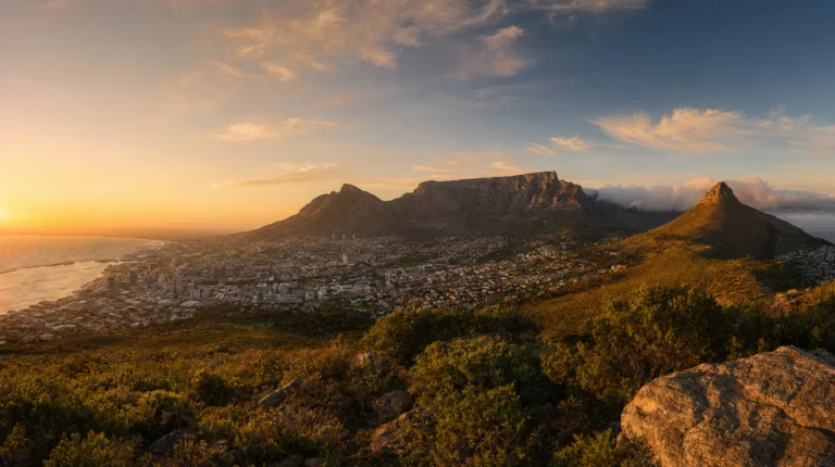 Table Mountain plateau rising above Cape Town and the harbour, South Africa