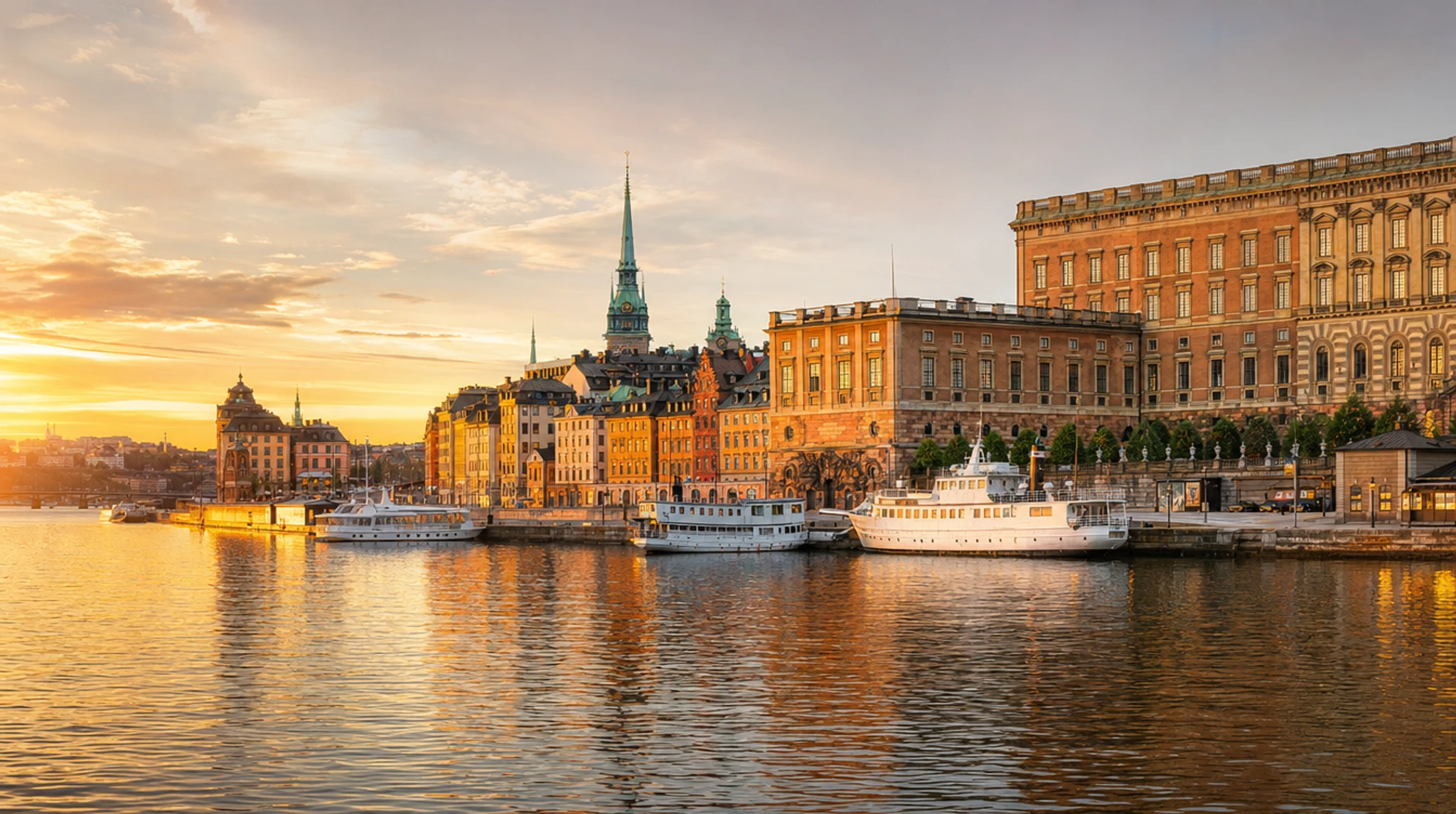 Stockholm Gamla Stan old town waterfront with church spires across the harbour, Sweden