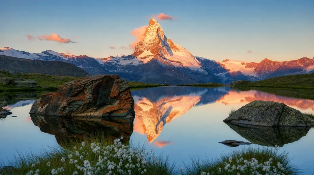 Matterhorn pyramidal peak rising above an alpine valley near Zermatt, Switzerland