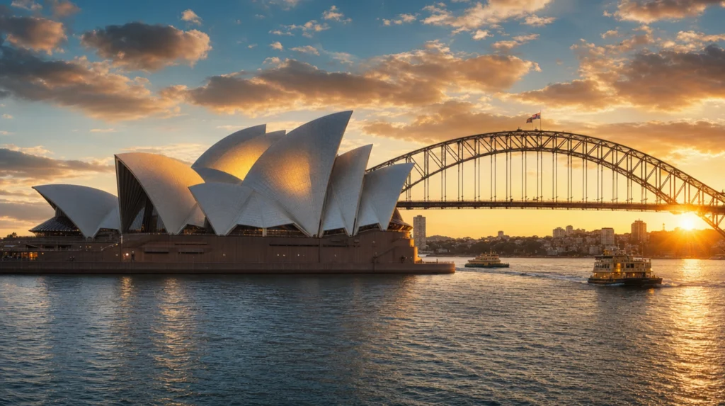 Sydney Opera House sails and Harbour Bridge across Circular Quay, Australia