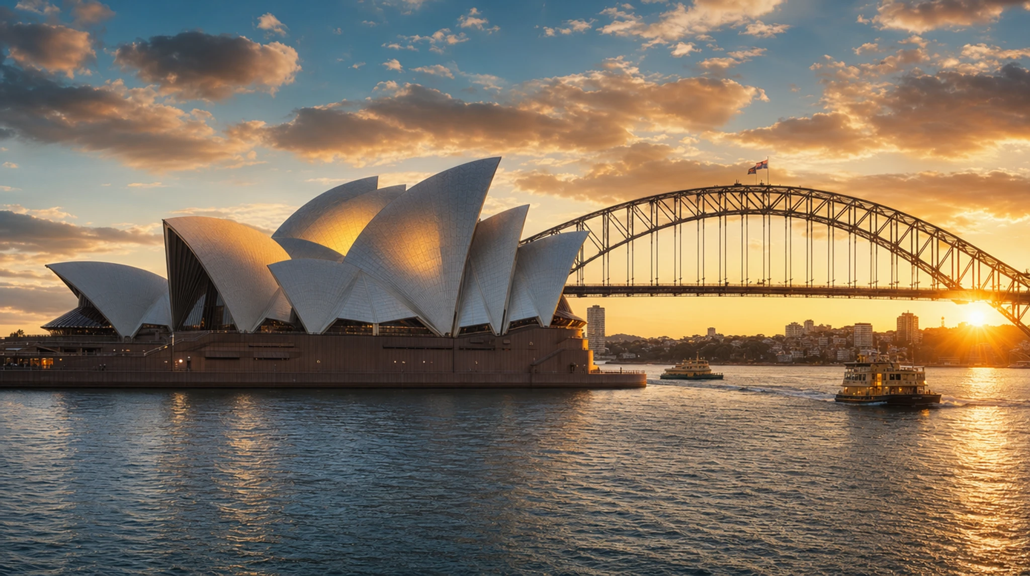 Sydney Opera House sails and Harbour Bridge across Circular Quay, Australia