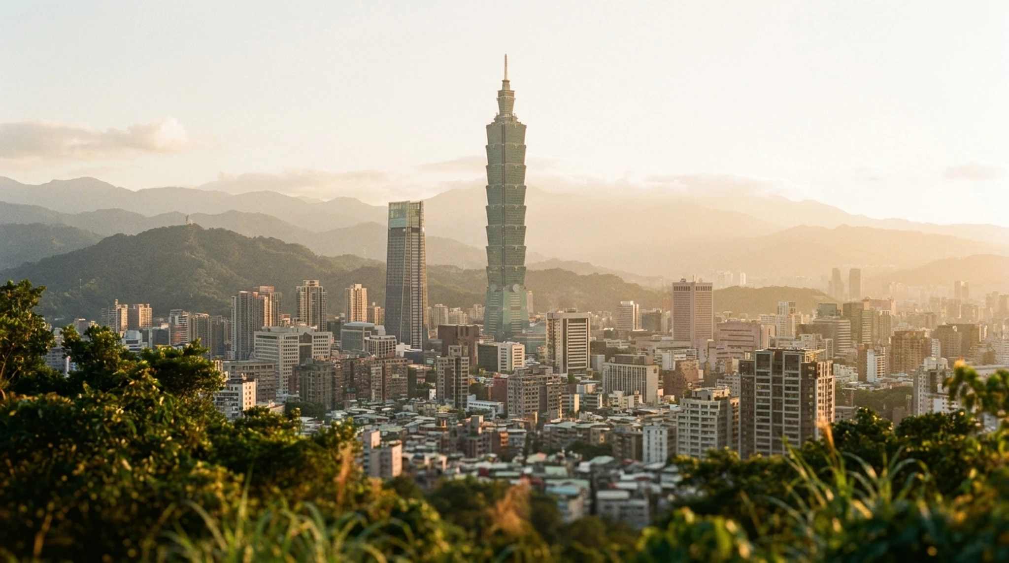 Taipei 101 tower rising above the city skyline with mountains beyond, Taiwan