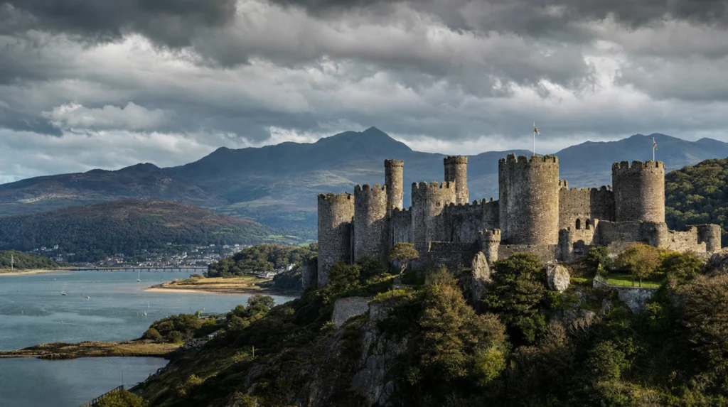 Conwy medieval castle and town walls on the north Wales coast, Wales