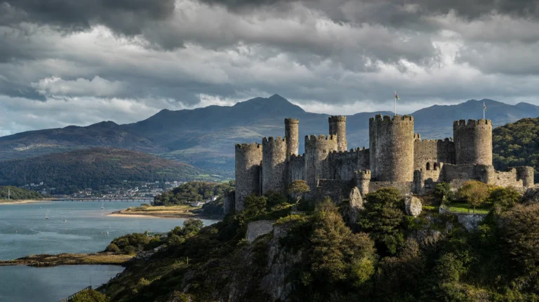 Conwy medieval castle and town walls on the north Wales coast, Wales