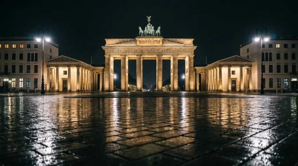 Brandenburg Gate illuminated at night with reflections on a rain-slicked Pariser Platz, Berlin, Germany