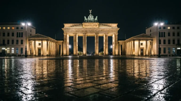 Brandenburg Gate illuminated at night with reflections on a rain-slicked Pariser Platz, Berlin, Germany