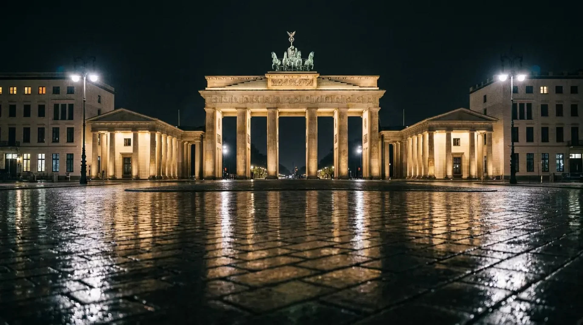 Brandenburg Gate illuminated at night with reflections on a rain-slicked Pariser Platz, Berlin, Germany