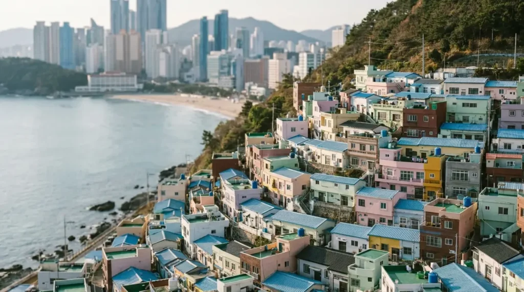 Gamcheon Culture Village pastel hillside houses above Haeundae beach and skyline, Busan, South Korea