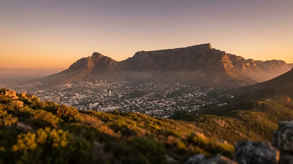 Cape Town harbour with Table Mountain rising above the V and A Waterfront, South Africa
