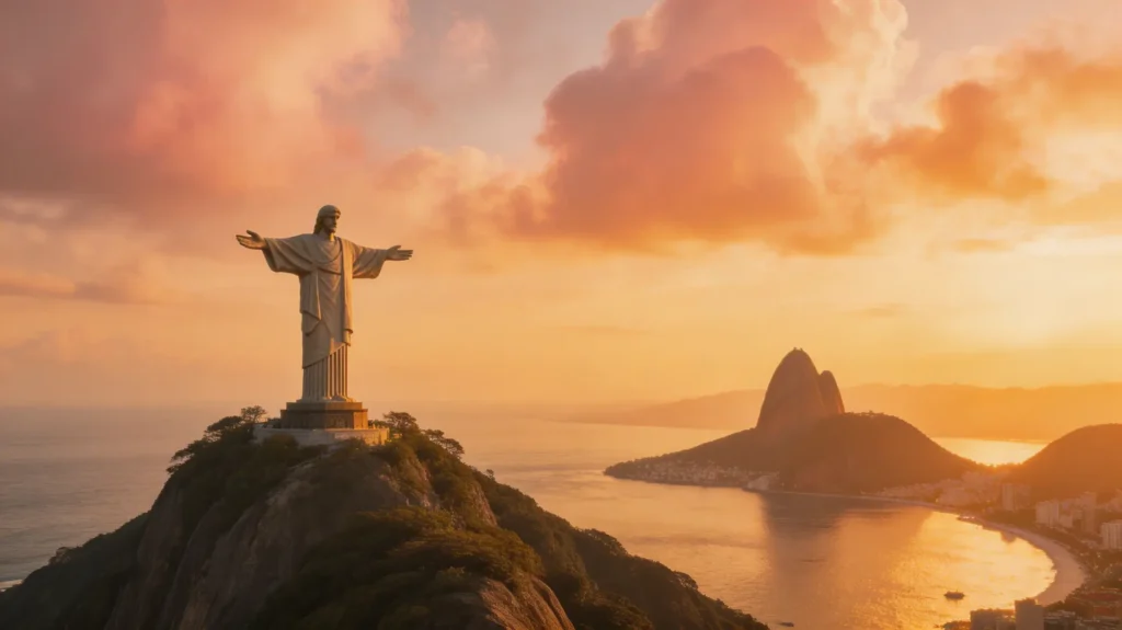 Christ the Redeemer above Copacabana beach and Sugarloaf Mountain, Rio de Janeiro, Brazil