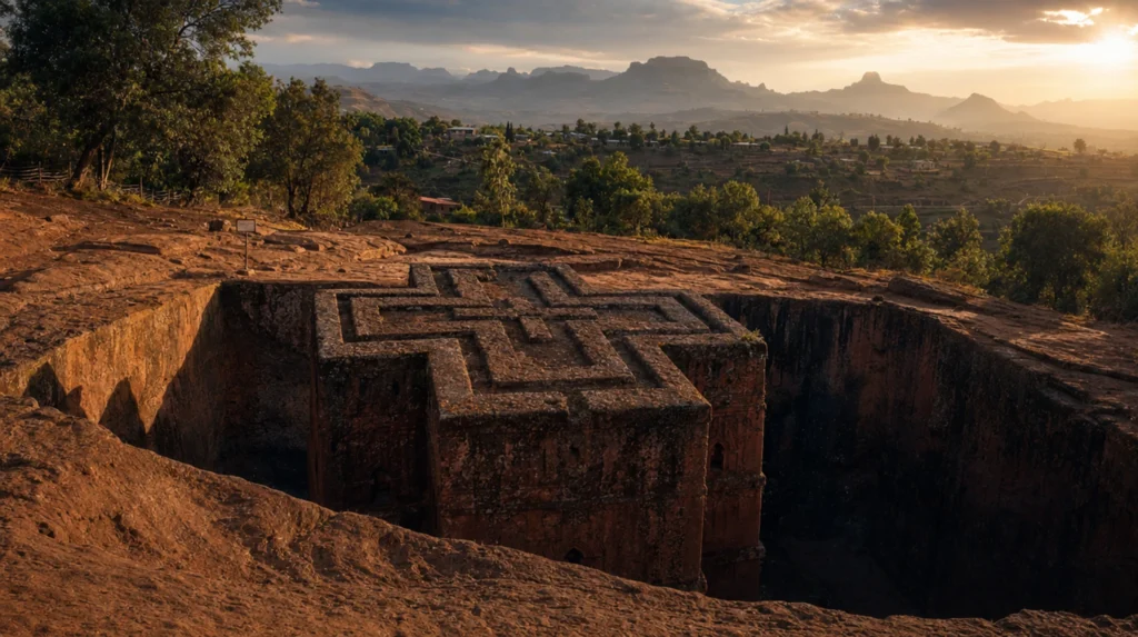 Lalibela rock-hewn church carved into red sandstone, Ethiopia