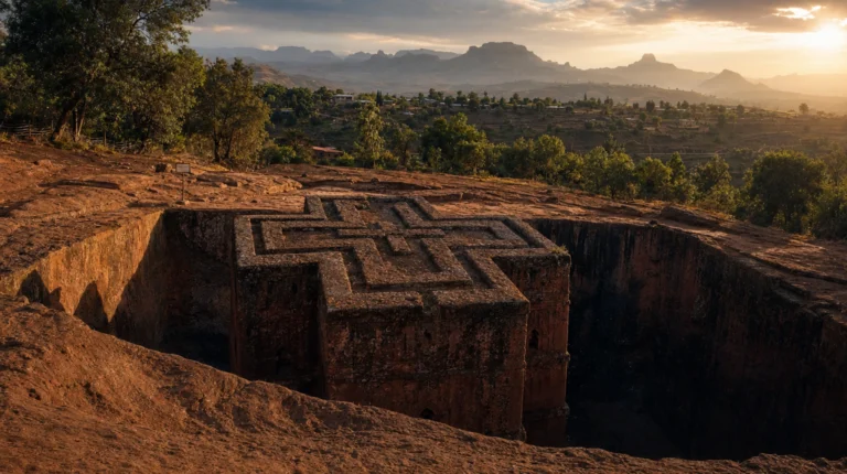 Lalibela rock-hewn church carved into red sandstone, Ethiopia