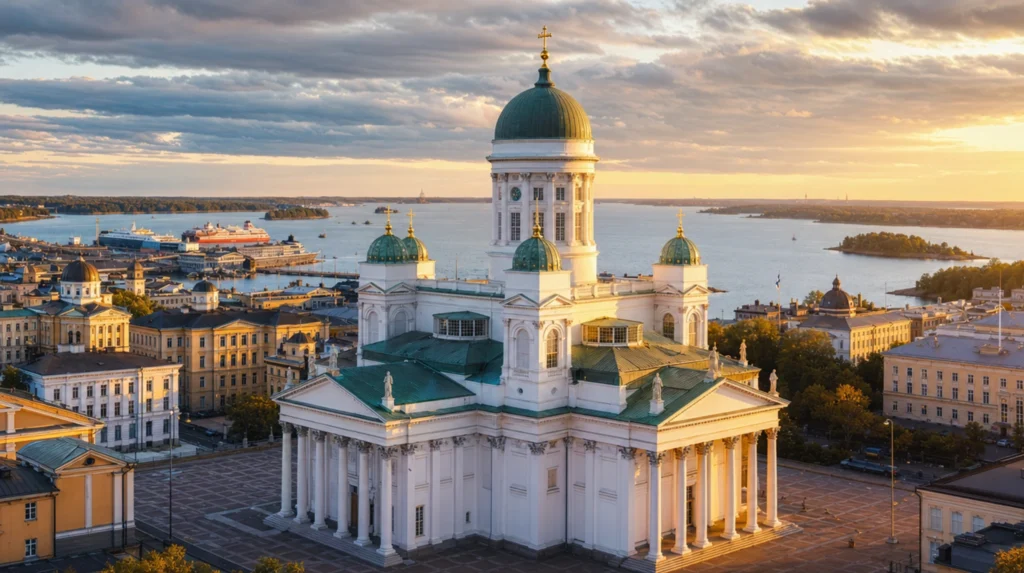 Helsinki Cathedral and Senate Square white neoclassical facade, Finland