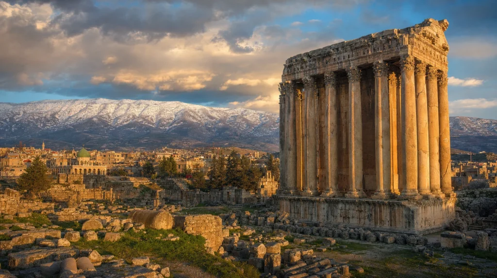 Baalbek Roman temple ruins and Corinthian columns in the Bekaa Valley, Lebanon