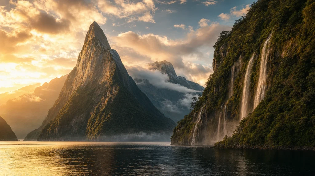Milford Sound's Mitre Peak rises above the fjord in Fiordland National Park, New Zealand