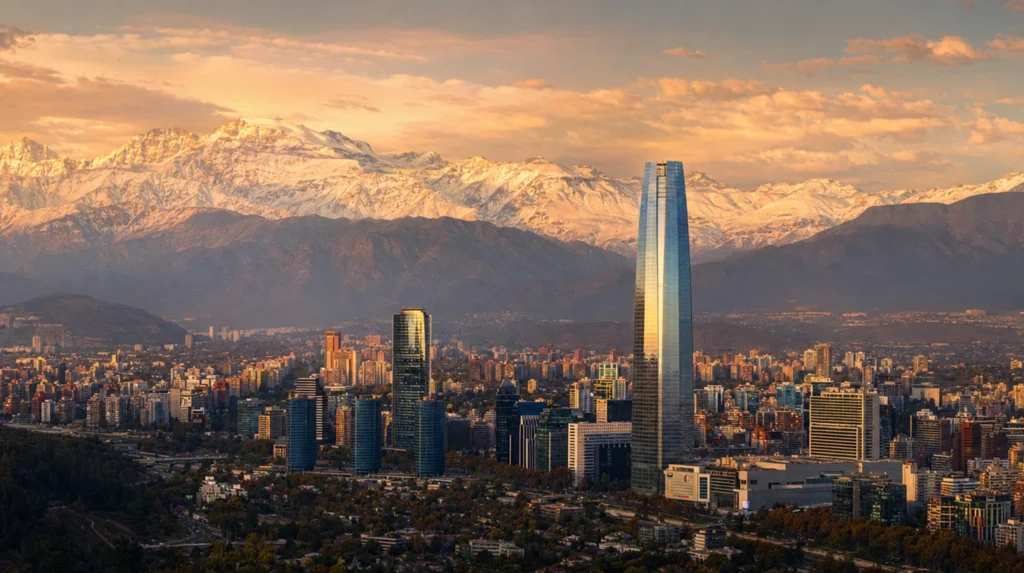 Santiago skyline with the snow-capped Andes rising behind the city, Chile