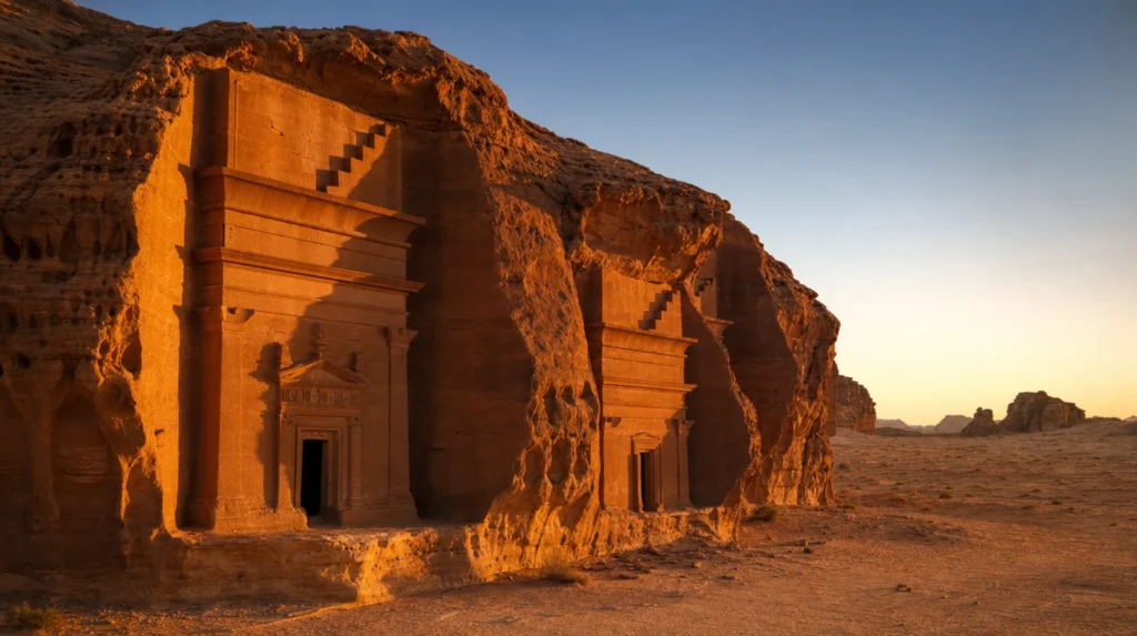 AlUla desert landscape with sandstone rock formations and Hegra tombs, Saudi Arabia