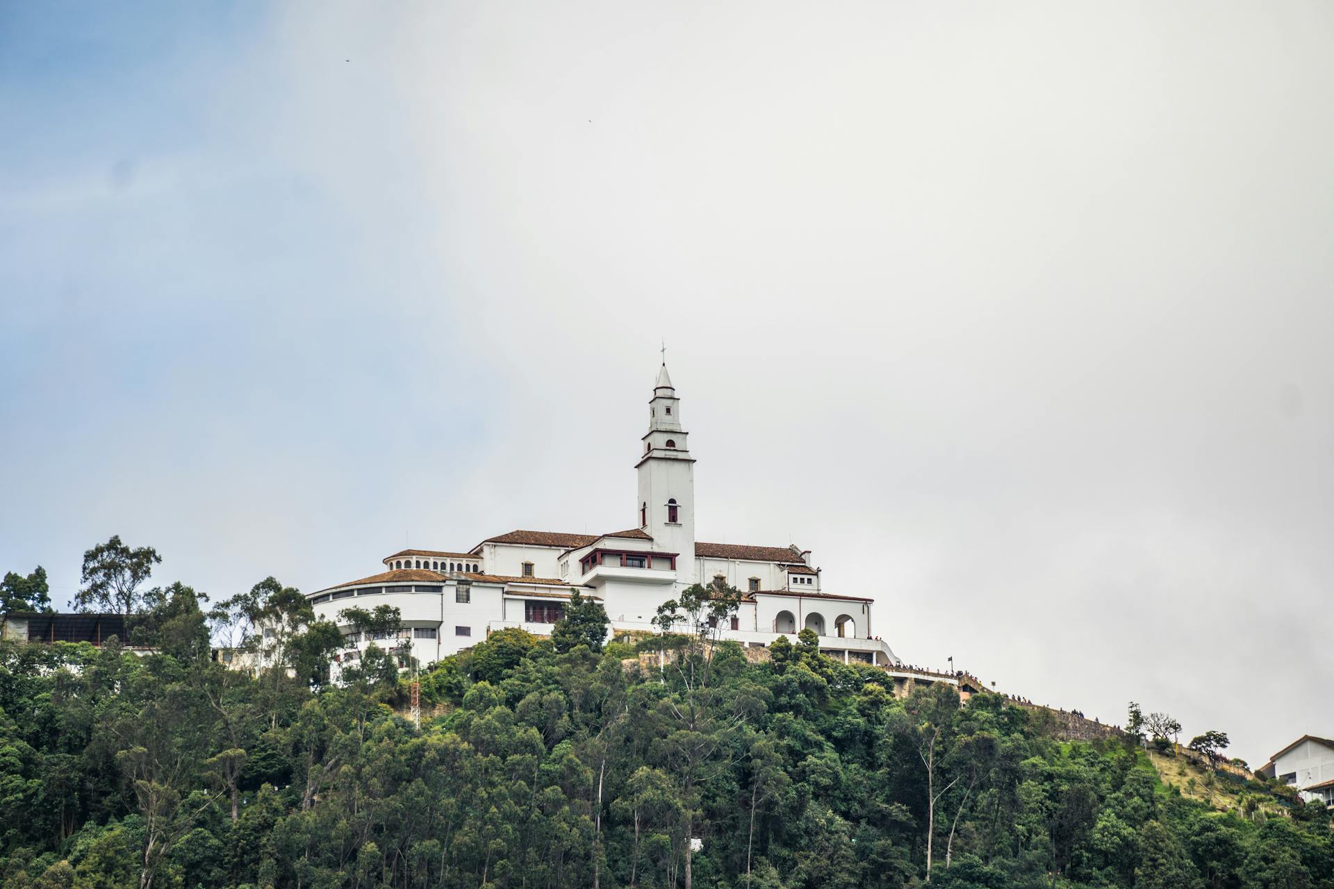 Monserrate Sanctuary atop the Andean ridge above Bogota with lush mountain greenery, Colombia