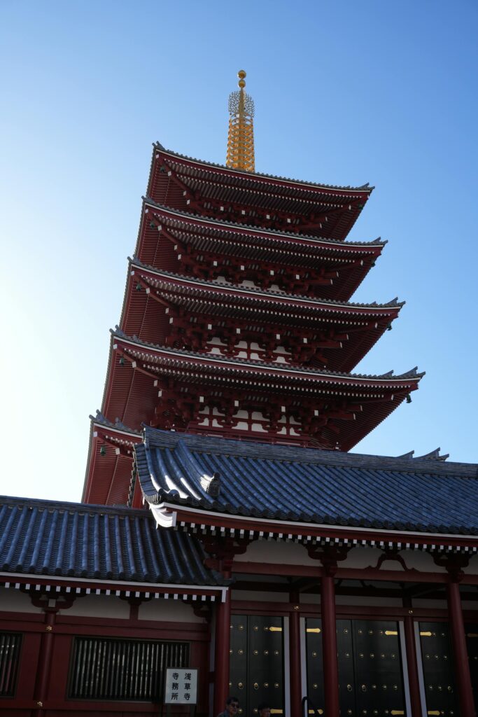 Senso-ji five-storey pagoda rises against a clear sky in Asakusa, Tokyo, Japan