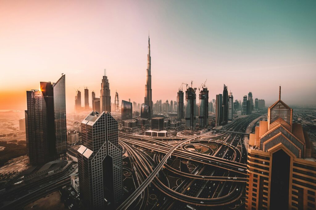 Dubai skyline with Burj Khalifa towering over Sheikh Zayed Road, UAE