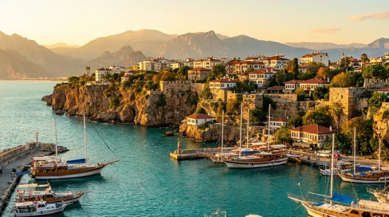 Antalya, Turkey — Kaleici old harbour and cliffs with the Taurus Mountains