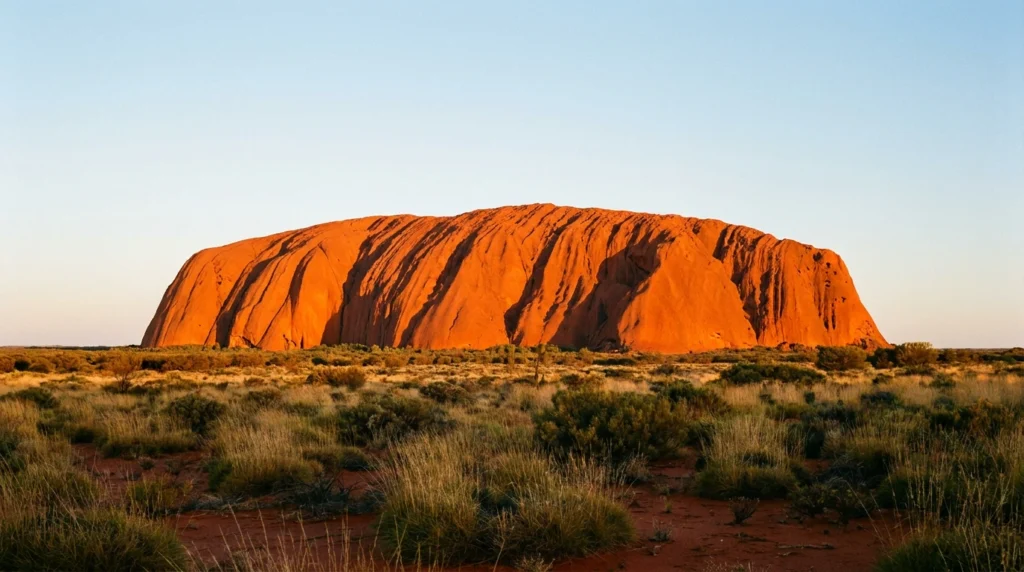 Australia — Uluru (Ayers Rock) glowing red at sunset in the outback