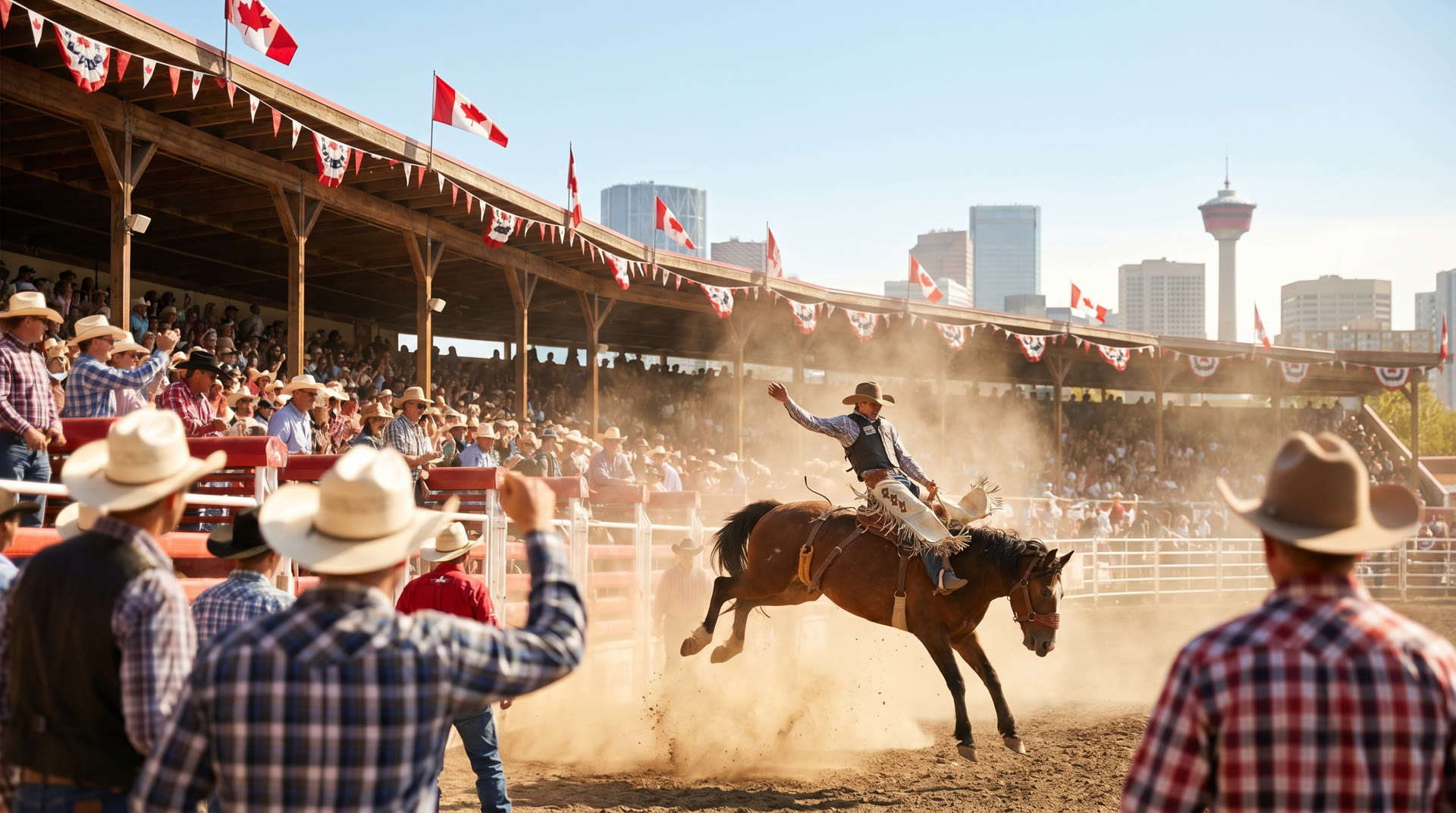 Calgary Stampede rodeo and downtown skyline