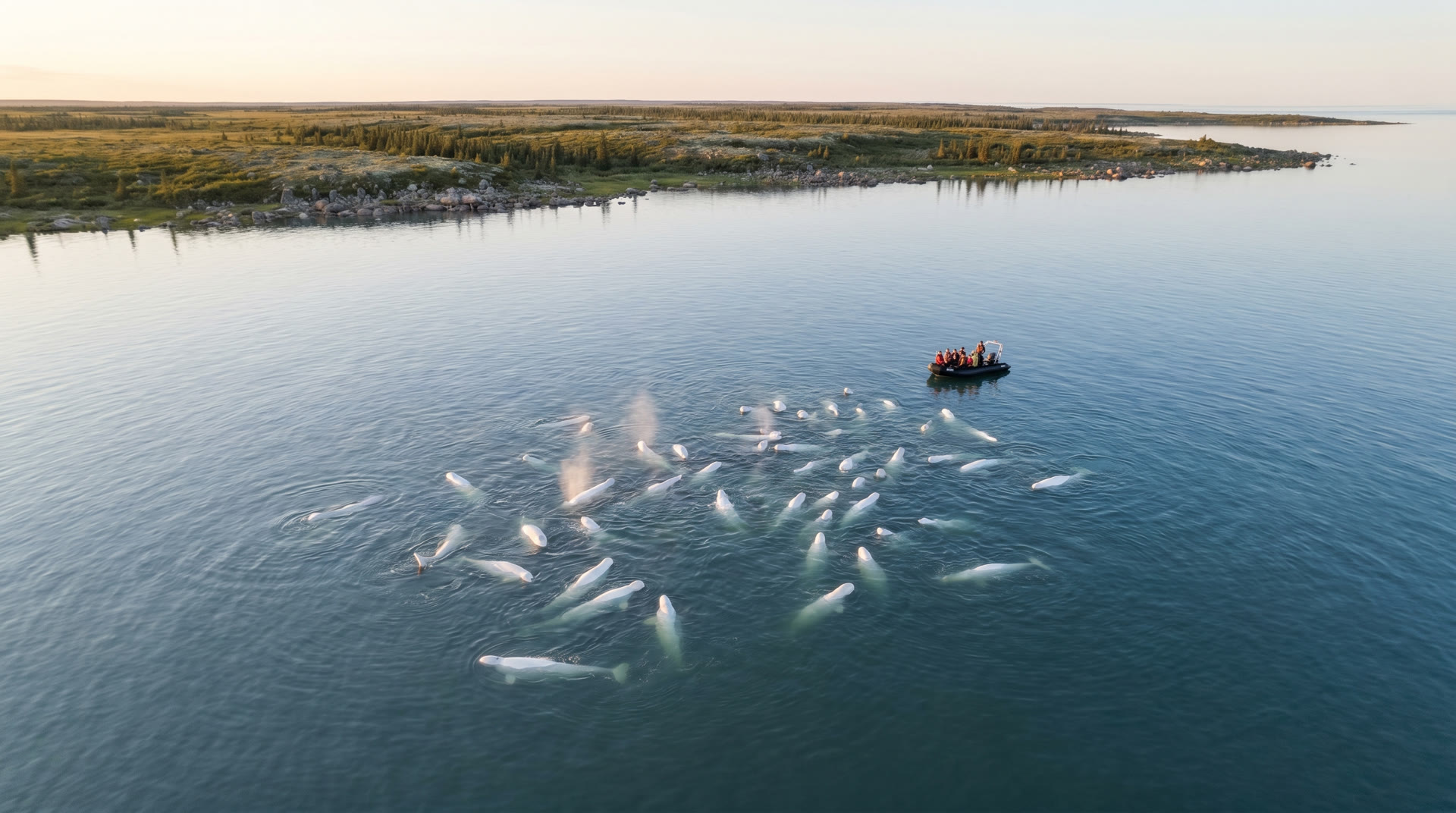 Beluga whales surfacing in the Churchill River estuary, sub-arctic Manitoba in summer