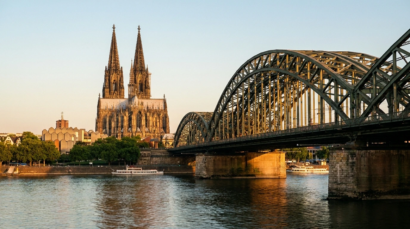 Cologne, Germany — the cathedral spires and Hohenzollern Bridge over the Rhine