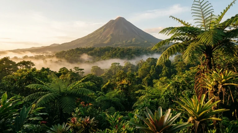 Costa Rica — Arenal Volcano above misty emerald rainforest